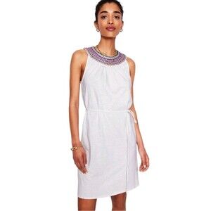 Boden Eleni White Cotton Dress Sz 6 Embroidered Embellished Neckline Summer Boho